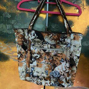 Vintage 90s Cat Tapestry Tote Bag Handbag Zipper pockets & Closure